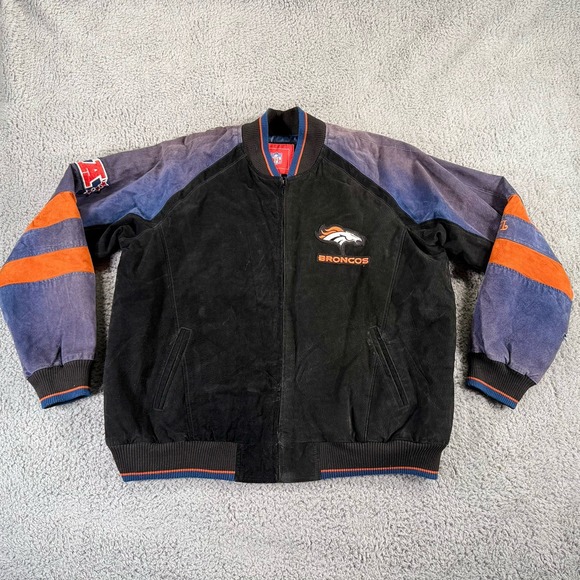 Vintage Denver Broncos Jacket Mens XL Black‎ Suede Leather Double Sided Full Zip